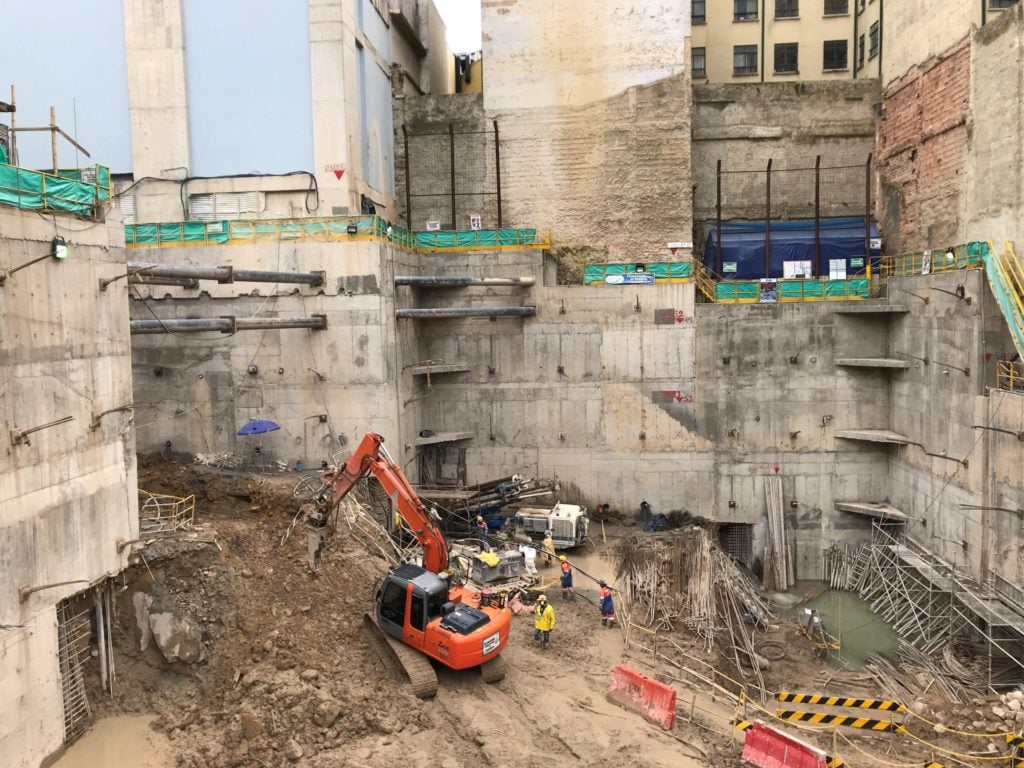 Site view of buildings being supported during demolition and re-construction of Teotro Colon in Bogota