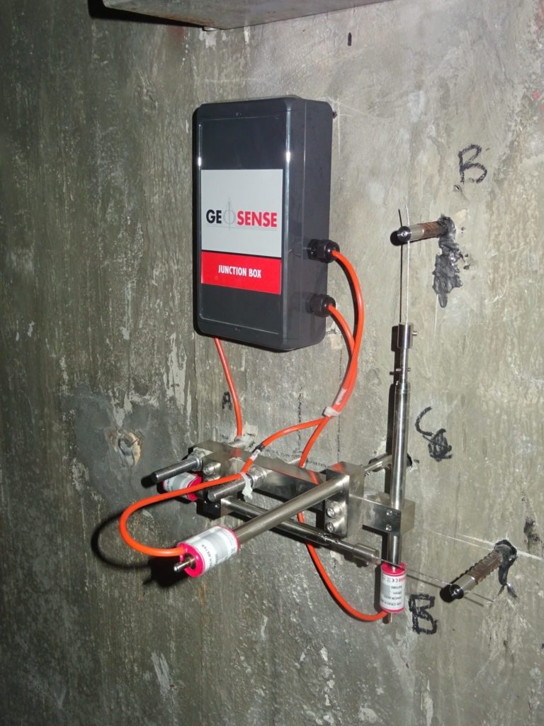Vibrating wire 3D crack meter with junction box mounted within dam gallery