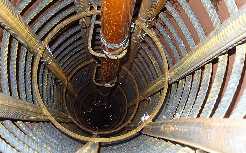 View down the inside of pile cage wityh inclinometer casing before concreting