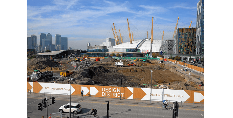 View of the Design District construction site with the O2 in the background